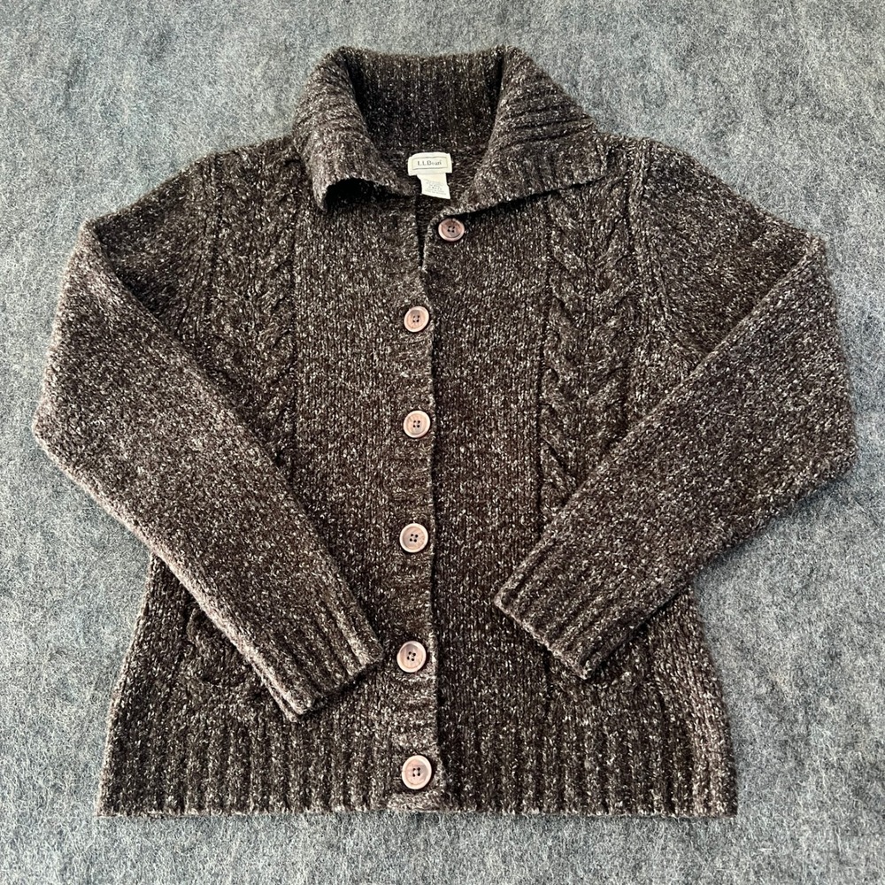 LL Bean Womens Medium Regular Button Up Shawl Collar Cardigan Brown Wool Blend - Picture 1 of 3